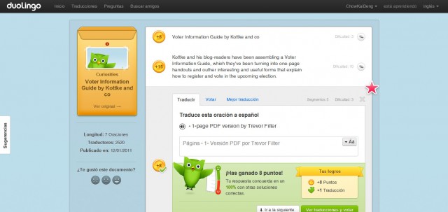 Duolingo - Aprende inglés online gratis. Vista de Módulo de Traducciones